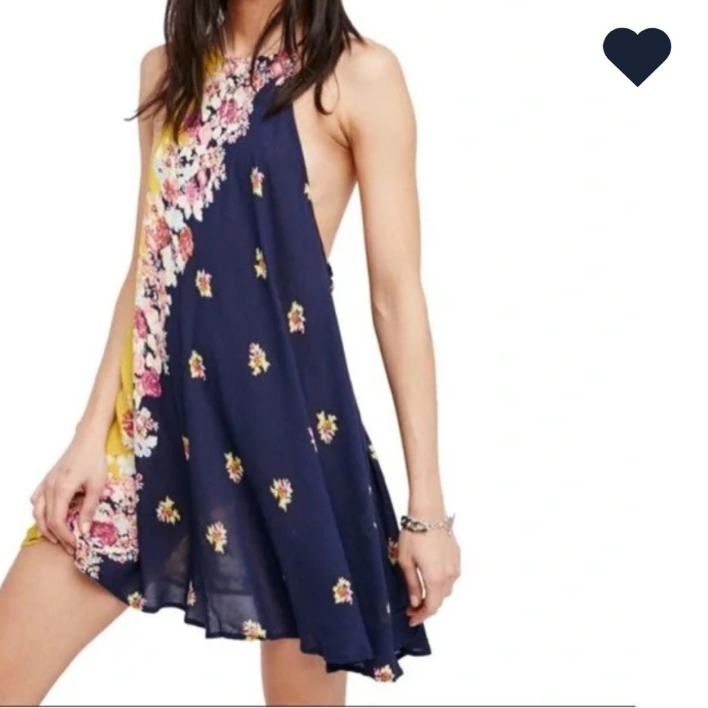 Free People Floral Mini Printed Slip Dress It’s a Cinch Rayon Tie Waist Navy